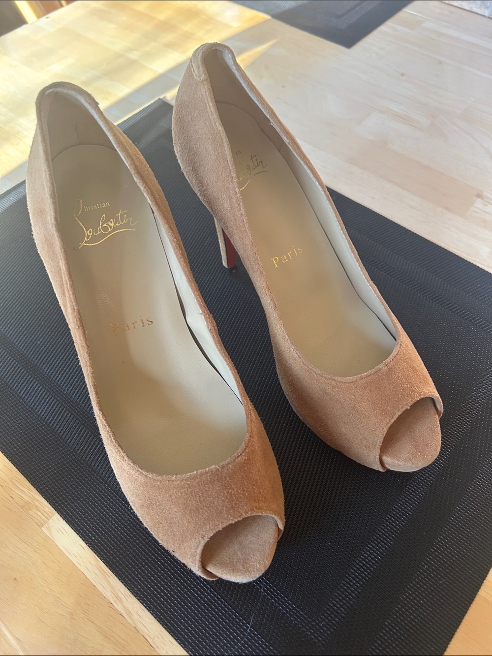 Red Bottom Suede Peep-Toe Pumps in Camel